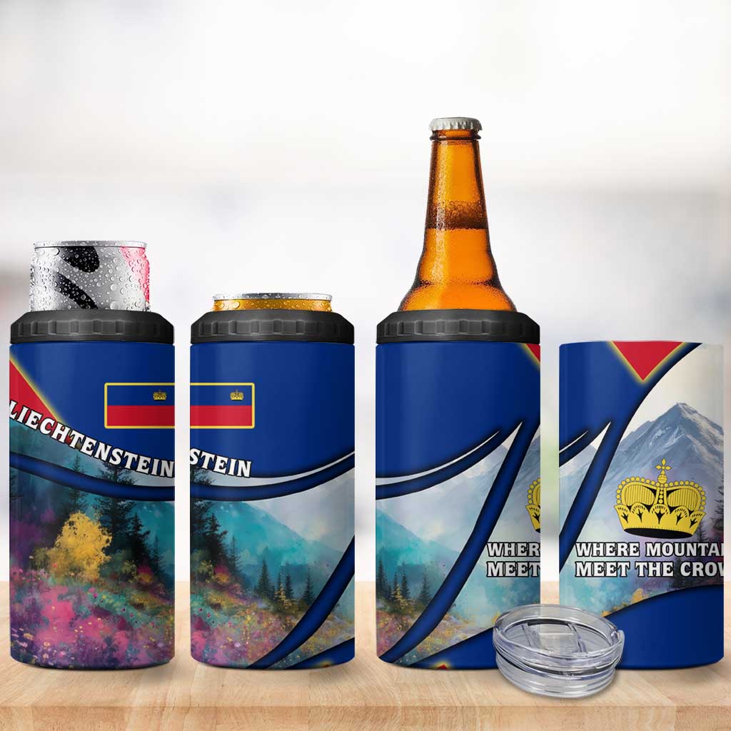 Liechtenstein 4 in 1 Can Cooler Tumbler with Red Blue Mountain Landscape Design and Crown Emblem - Wonder Print Shop