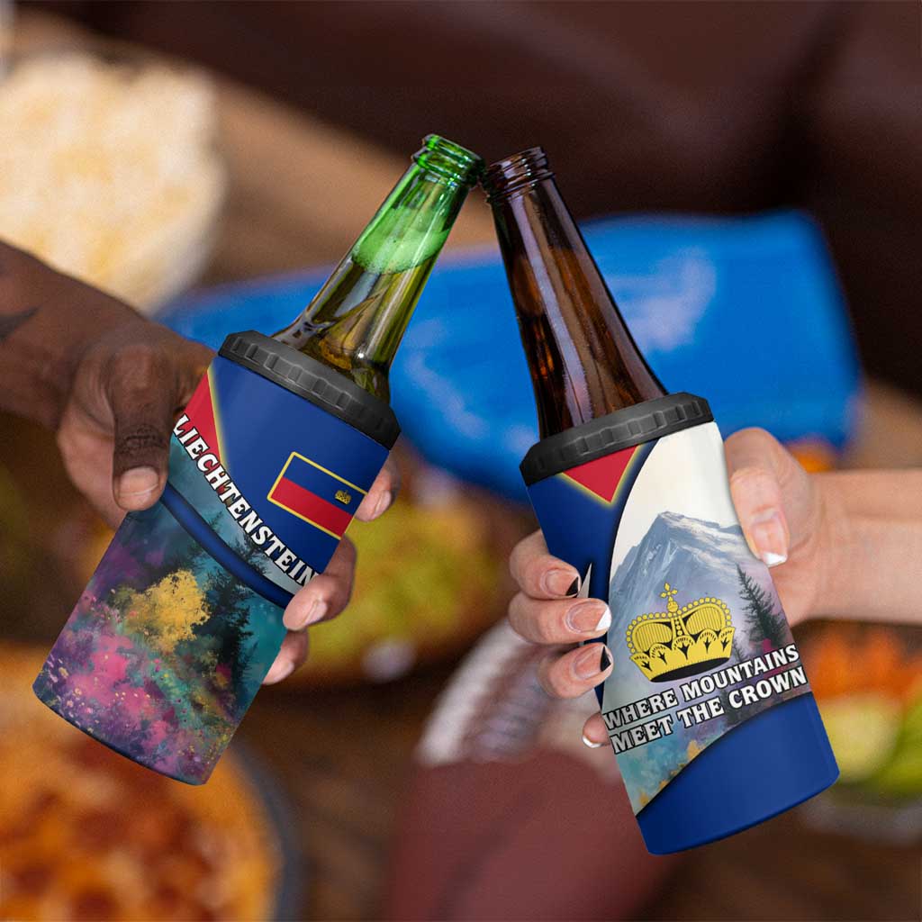 Liechtenstein 4 in 1 Can Cooler Tumbler with Red Blue Mountain Landscape Design and Crown Emblem - Wonder Print Shop