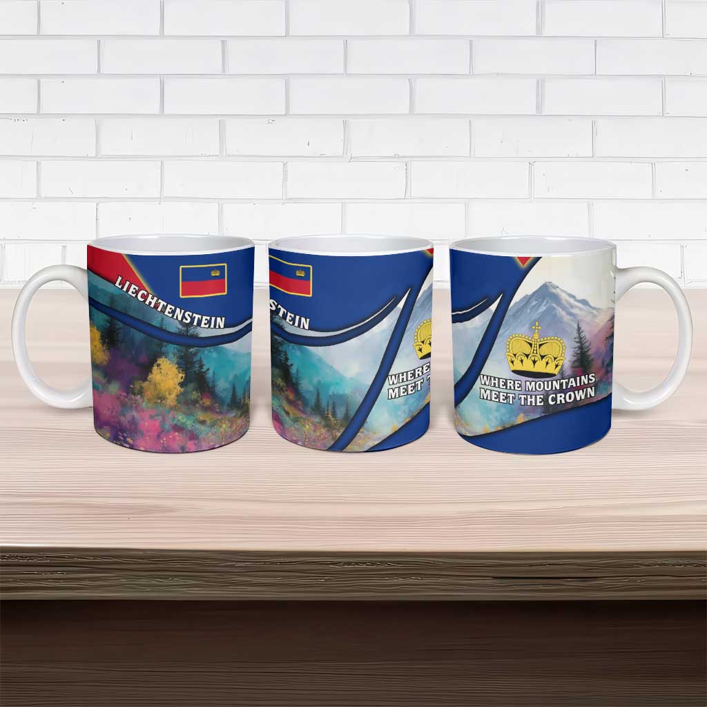 Liechtenstein Ceramic Mug with Red Blue Mountain Landscape Design and Crown Emblem - Wonder Print Shop
