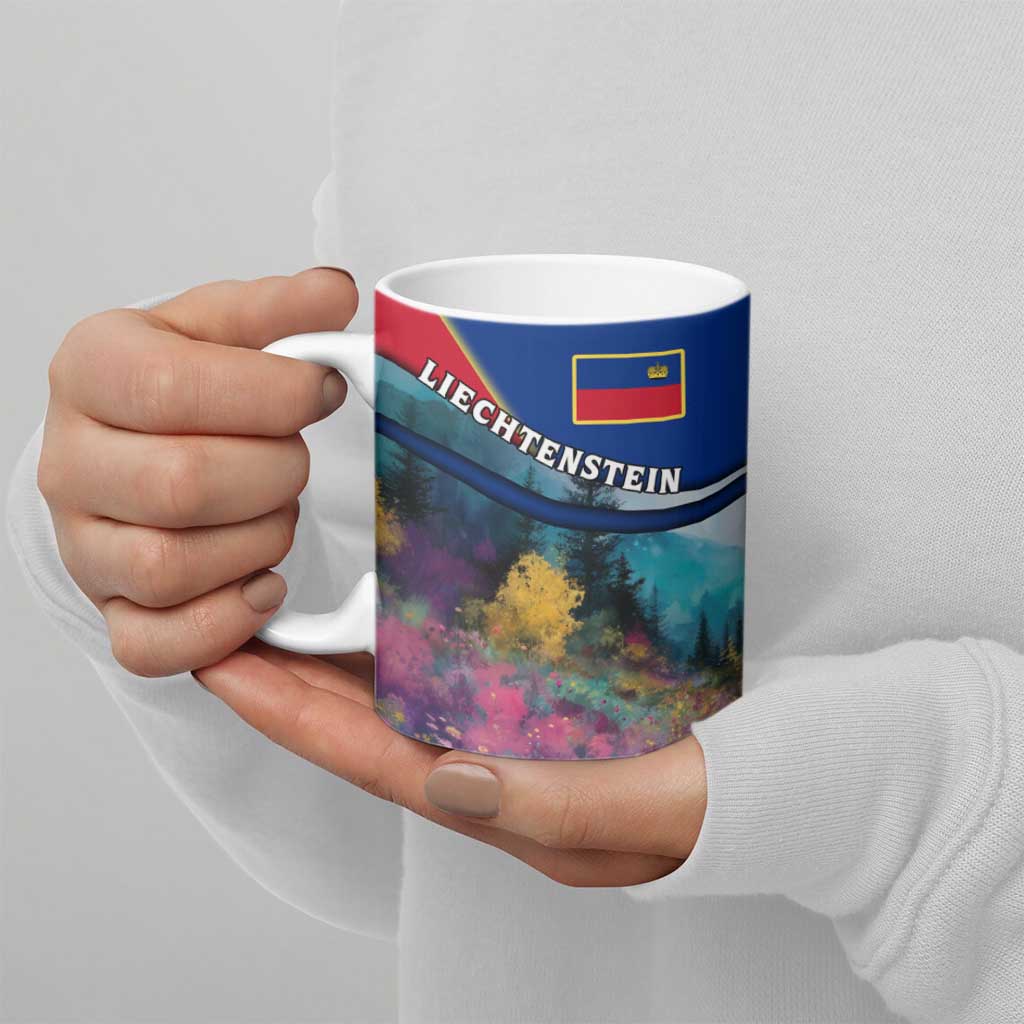Liechtenstein Ceramic Mug with Red Blue Mountain Landscape Design and Crown Emblem - Wonder Print Shop