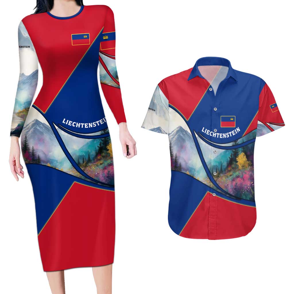 Liechtenstein Couples Matching Long Sleeve Bodycon Dress and Hawaiian Shirt with Red Blue Mountain Landscape Design and Crown Emblem - Wonder Print Shop