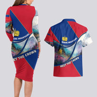Liechtenstein Couples Matching Long Sleeve Bodycon Dress and Hawaiian Shirt with Red Blue Mountain Landscape Design and Crown Emblem - Wonder Print Shop