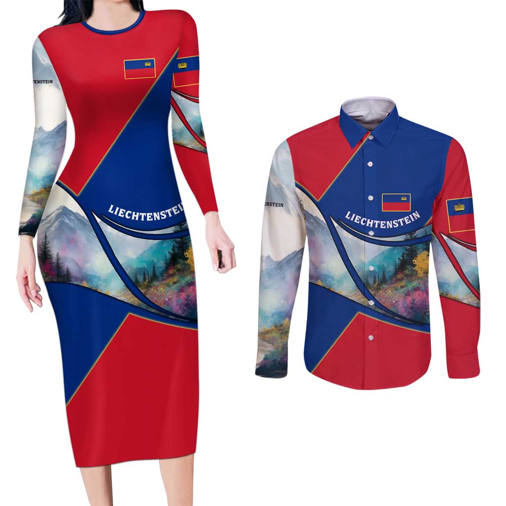 Liechtenstein Couples Matching Long Sleeve Bodycon Dress and Long Sleeve Button Shirt with Red Blue Mountain Landscape Design and Crown Emblem - Wonder Print Shop
