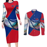 Liechtenstein Couples Matching Long Sleeve Bodycon Dress and Long Sleeve Button Shirt with Red Blue Mountain Landscape Design and Crown Emblem - Wonder Print Shop