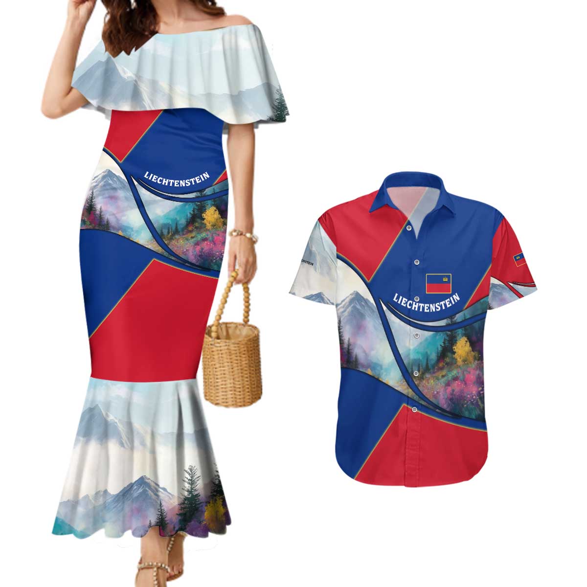 Liechtenstein Couples Matching Mermaid Dress and Hawaiian Shirt with Red Blue Mountain Landscape Design and Crown Emblem - Wonder Print Shop