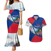 Liechtenstein Couples Matching Mermaid Dress and Hawaiian Shirt with Red Blue Mountain Landscape Design and Crown Emblem - Wonder Print Shop