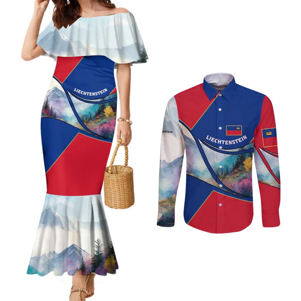 Liechtenstein Couples Matching Mermaid Dress and Long Sleeve Button Shirt with Red Blue Mountain Landscape Design and Crown Emblem - Wonder Print Shop