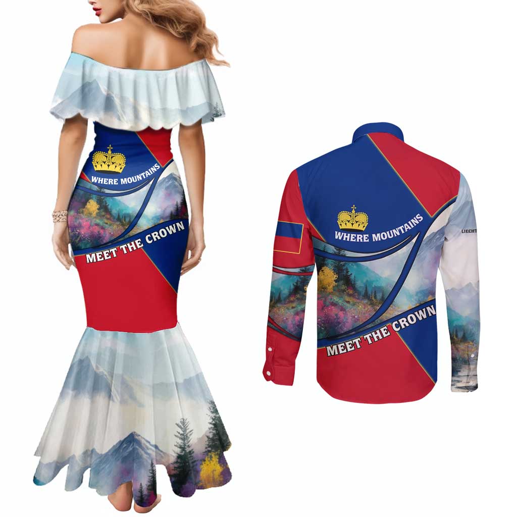 Liechtenstein Couples Matching Mermaid Dress and Long Sleeve Button Shirt with Red Blue Mountain Landscape Design and Crown Emblem - Wonder Print Shop