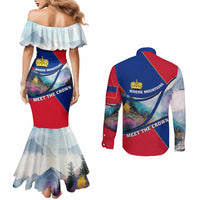 Liechtenstein Couples Matching Mermaid Dress and Long Sleeve Button Shirt with Red Blue Mountain Landscape Design and Crown Emblem - Wonder Print Shop