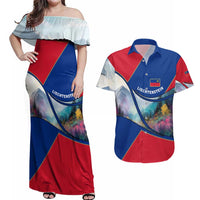 Liechtenstein Couples Matching Off Shoulder Maxi Dress and Hawaiian Shirt with Red Blue Mountain Landscape Design and Crown Emblem - Wonder Print Shop