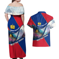 Liechtenstein Couples Matching Off Shoulder Maxi Dress and Hawaiian Shirt with Red Blue Mountain Landscape Design and Crown Emblem - Wonder Print Shop