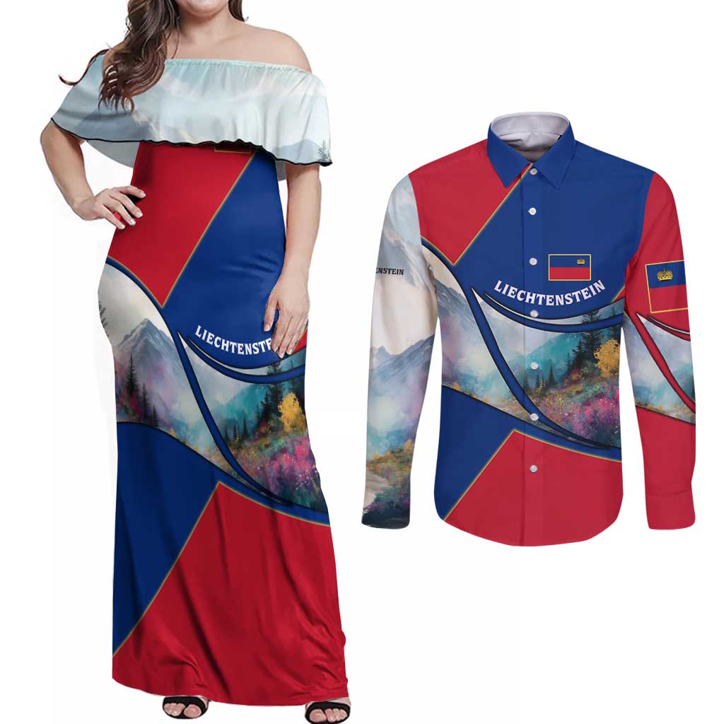 Liechtenstein Couples Matching Off Shoulder Maxi Dress and Long Sleeve Button Shirt with Red Blue Mountain Landscape Design and Crown Emblem - Wonder Print Shop