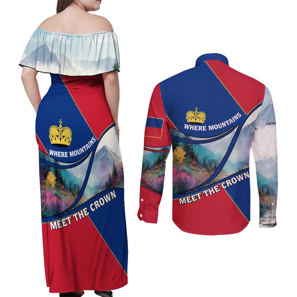 Liechtenstein Couples Matching Off Shoulder Maxi Dress and Long Sleeve Button Shirt with Red Blue Mountain Landscape Design and Crown Emblem - Wonder Print Shop