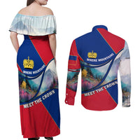 Liechtenstein Couples Matching Off Shoulder Maxi Dress and Long Sleeve Button Shirt with Red Blue Mountain Landscape Design and Crown Emblem - Wonder Print Shop