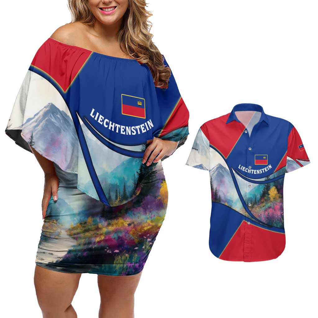 Liechtenstein Couples Matching Off Shoulder Short Dress and Hawaiian Shirt with Red Blue Mountain Landscape Design and Crown Emblem - Wonder Print Shop