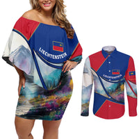 Liechtenstein Couples Matching Off Shoulder Short Dress and Long Sleeve Button Shirt with Red Blue Mountain Landscape Design and Crown Emblem - Wonder Print Shop