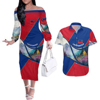 Liechtenstein Couples Matching Off The Shoulder Long Sleeve Dress and Hawaiian Shirt with Red Blue Mountain Landscape Design and Crown Emblem - Wonder Print Shop