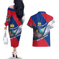 Liechtenstein Couples Matching Off The Shoulder Long Sleeve Dress and Hawaiian Shirt with Red Blue Mountain Landscape Design and Crown Emblem - Wonder Print Shop