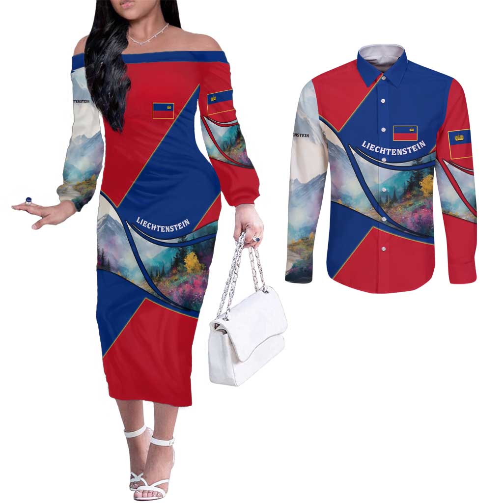 Liechtenstein Couples Matching Off The Shoulder Long Sleeve Dress and Long Sleeve Button Shirt with Red Blue Mountain Landscape Design and Crown Emblem - Wonder Print Shop