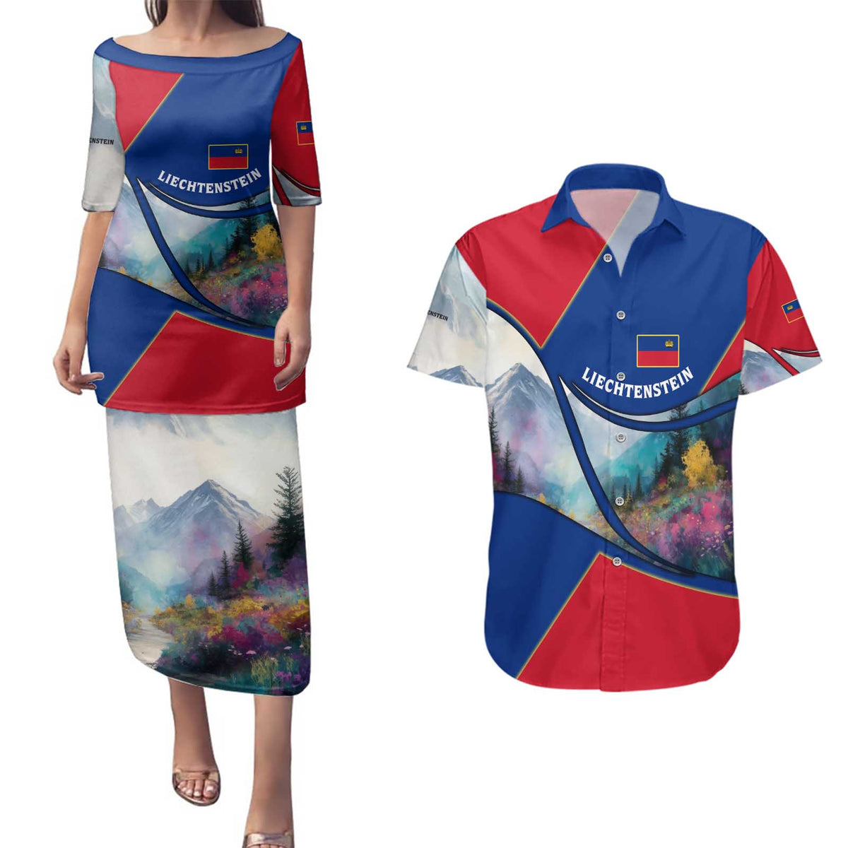Liechtenstein Couples Matching Puletasi and Hawaiian Shirt with Red Blue Mountain Landscape Design and Crown Emblem - Wonder Print Shop