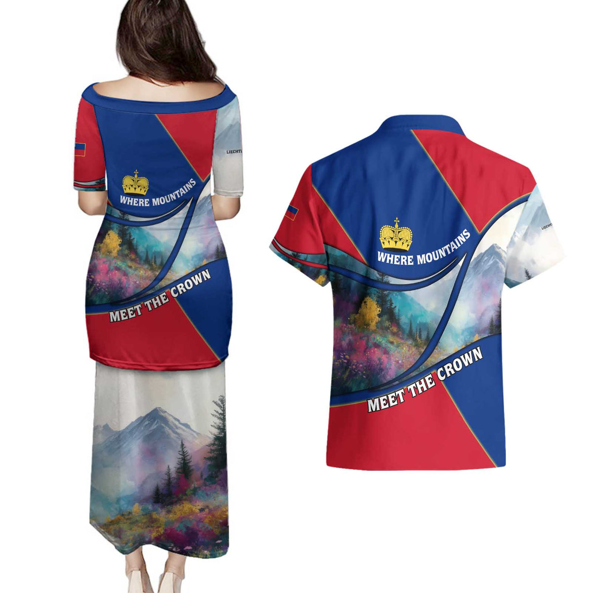 Liechtenstein Couples Matching Puletasi and Hawaiian Shirt with Red Blue Mountain Landscape Design and Crown Emblem - Wonder Print Shop