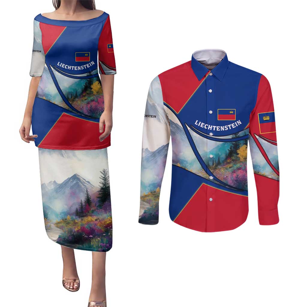 Liechtenstein Couples Matching Puletasi and Long Sleeve Button Shirt with Red Blue Mountain Landscape Design and Crown Emblem - Wonder Print Shop