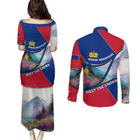Liechtenstein Couples Matching Puletasi and Long Sleeve Button Shirt with Red Blue Mountain Landscape Design and Crown Emblem - Wonder Print Shop