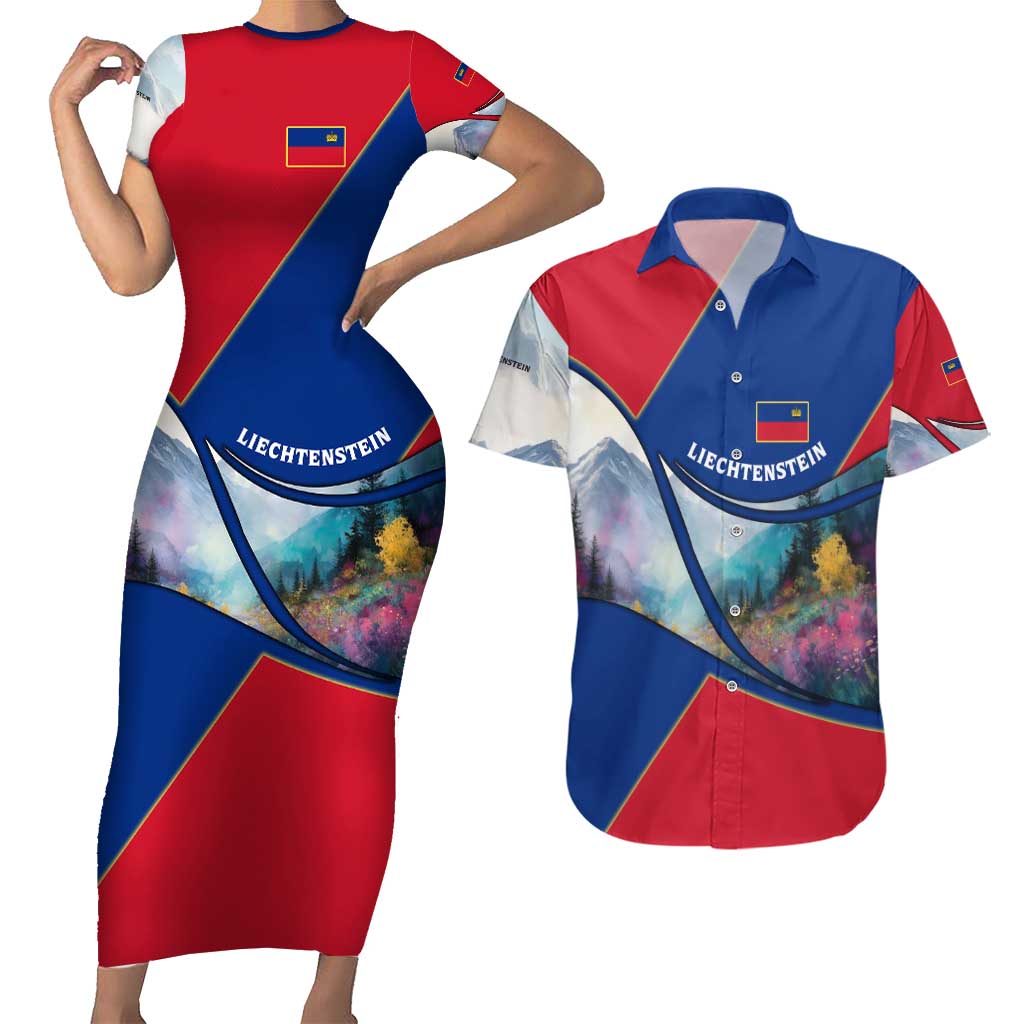 Liechtenstein Couples Matching Short Sleeve Bodycon Dress and Hawaiian Shirt with Red Blue Mountain Landscape Design and Crown Emblem - Wonder Print Shop
