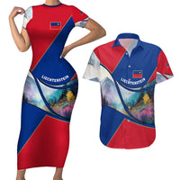 Liechtenstein Couples Matching Short Sleeve Bodycon Dress and Hawaiian Shirt with Red Blue Mountain Landscape Design and Crown Emblem - Wonder Print Shop