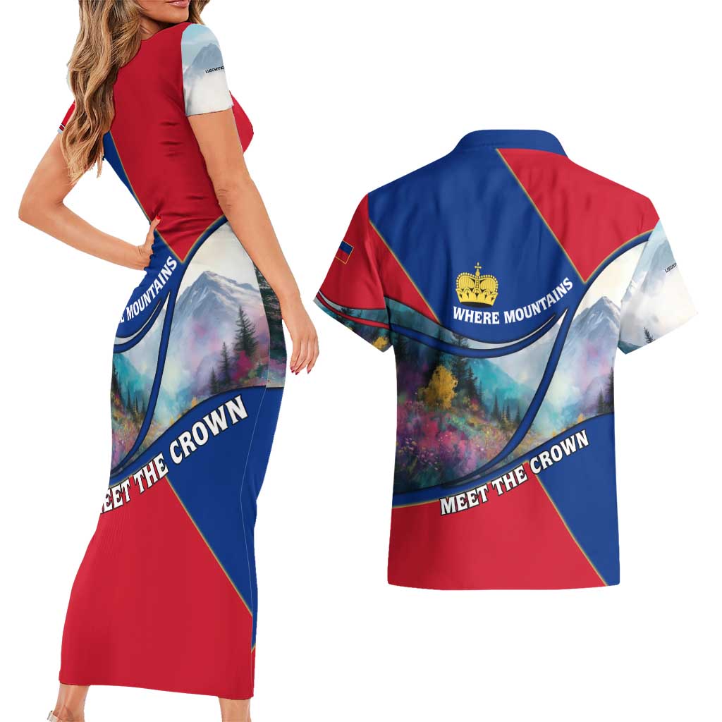 Liechtenstein Couples Matching Short Sleeve Bodycon Dress and Hawaiian Shirt with Red Blue Mountain Landscape Design and Crown Emblem - Wonder Print Shop