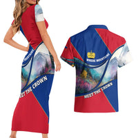 Liechtenstein Couples Matching Short Sleeve Bodycon Dress and Hawaiian Shirt with Red Blue Mountain Landscape Design and Crown Emblem - Wonder Print Shop