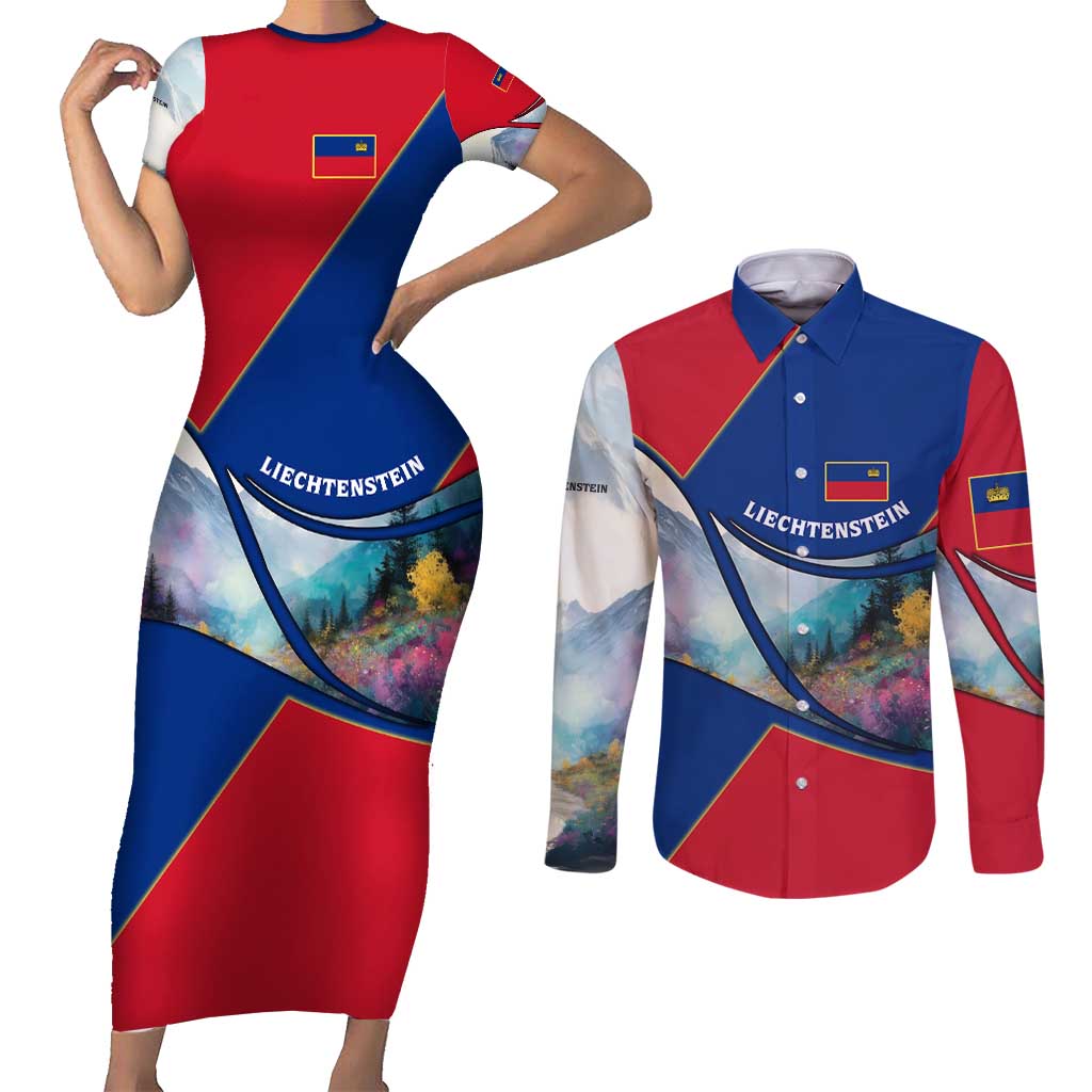 Liechtenstein Couples Matching Short Sleeve Bodycon Dress and Long Sleeve Button Shirt with Red Blue Mountain Landscape Design and Crown Emblem - Wonder Print Shop