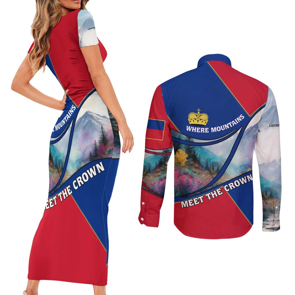 Liechtenstein Couples Matching Short Sleeve Bodycon Dress and Long Sleeve Button Shirt with Red Blue Mountain Landscape Design and Crown Emblem - Wonder Print Shop