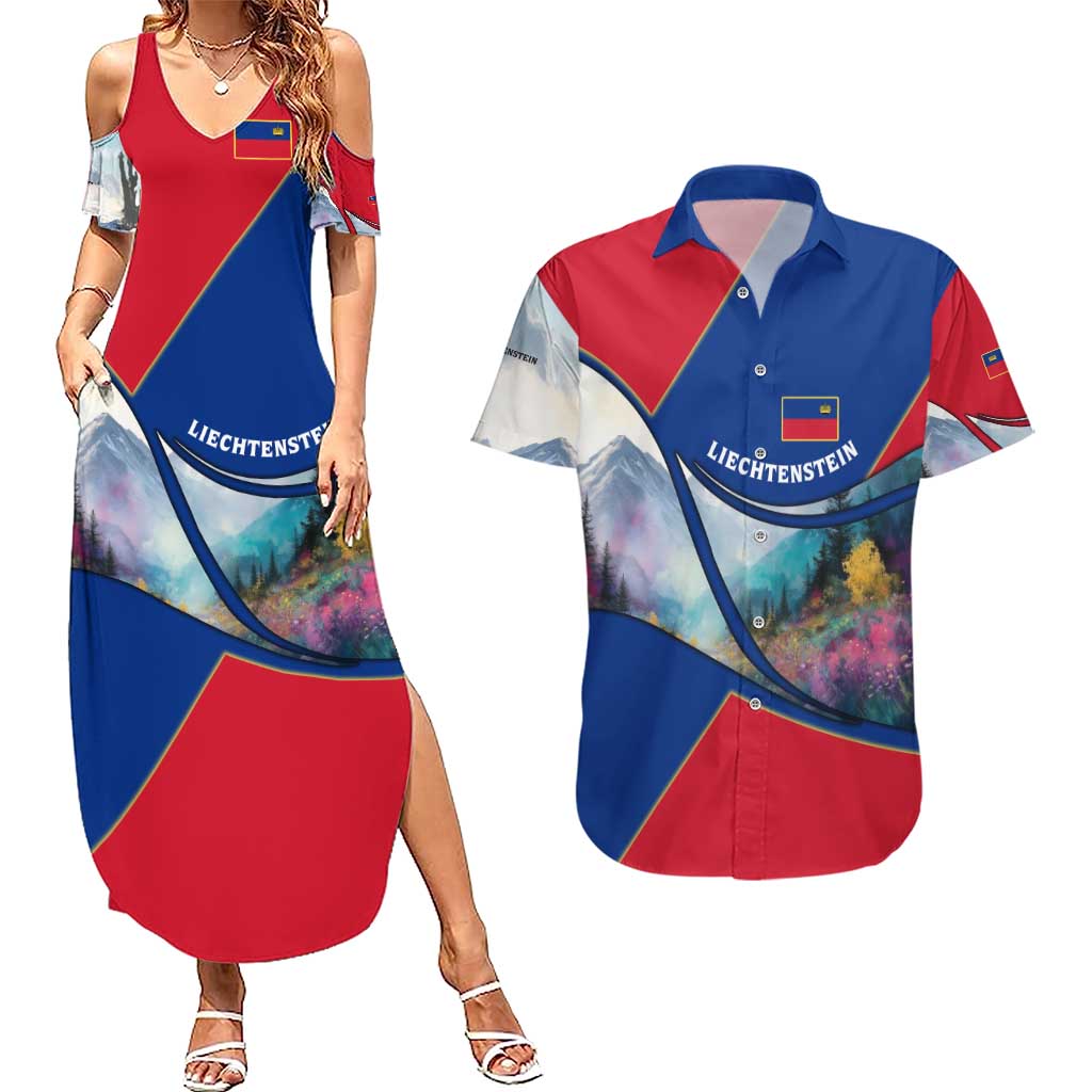 Liechtenstein Couples Matching Summer Maxi Dress and Hawaiian Shirt with Red Blue Mountain Landscape Design and Crown Emblem - Wonder Print Shop