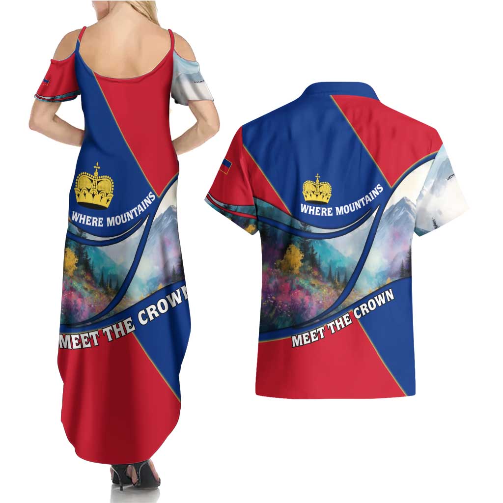 Liechtenstein Couples Matching Summer Maxi Dress and Hawaiian Shirt with Red Blue Mountain Landscape Design and Crown Emblem - Wonder Print Shop