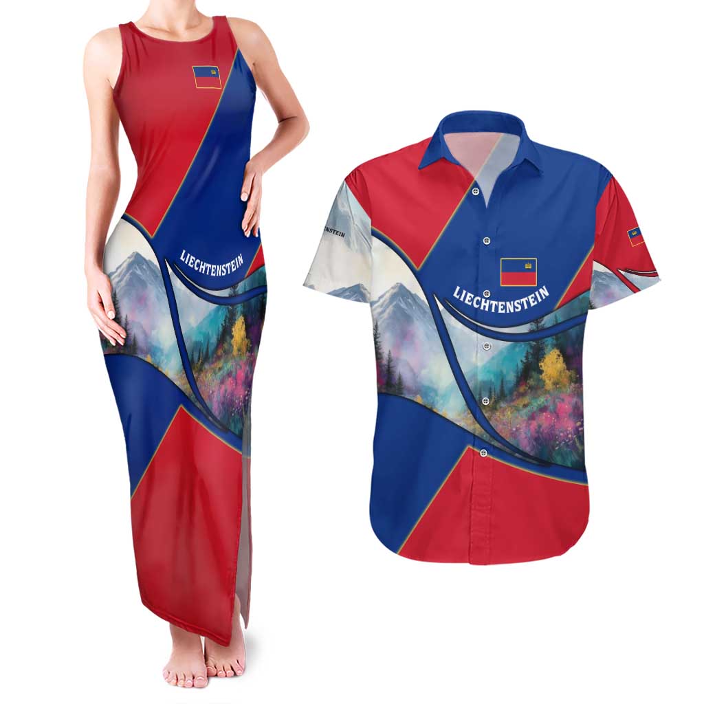 Liechtenstein Couples Matching Tank Maxi Dress and Hawaiian Shirt with Red Blue Mountain Landscape Design and Crown Emblem - Wonder Print Shop