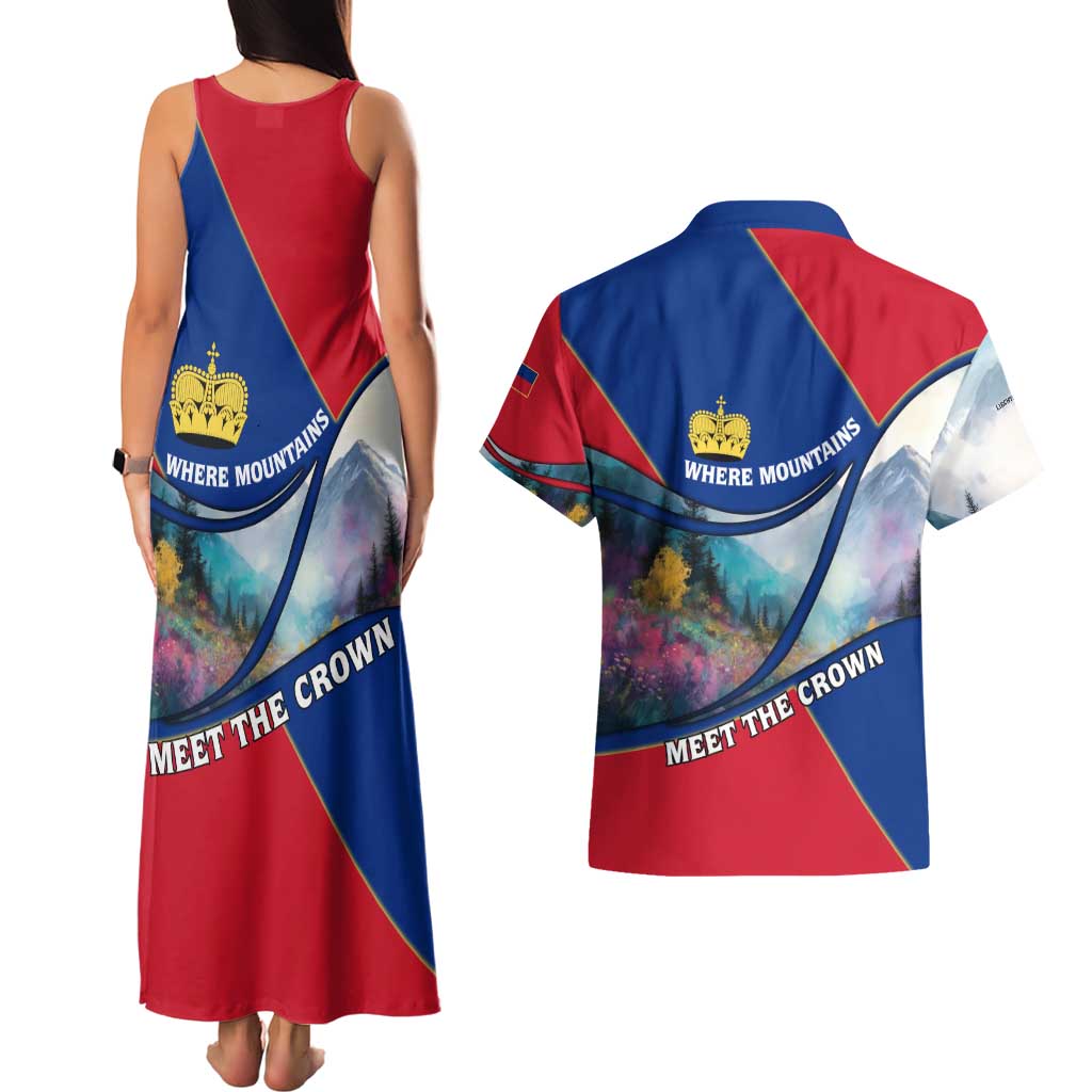 Liechtenstein Couples Matching Tank Maxi Dress and Hawaiian Shirt with Red Blue Mountain Landscape Design and Crown Emblem - Wonder Print Shop