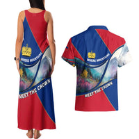 Liechtenstein Couples Matching Tank Maxi Dress and Hawaiian Shirt with Red Blue Mountain Landscape Design and Crown Emblem - Wonder Print Shop