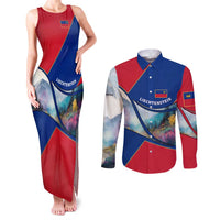 Liechtenstein Couples Matching Tank Maxi Dress and Long Sleeve Button Shirt with Red Blue Mountain Landscape Design and Crown Emblem - Wonder Print Shop