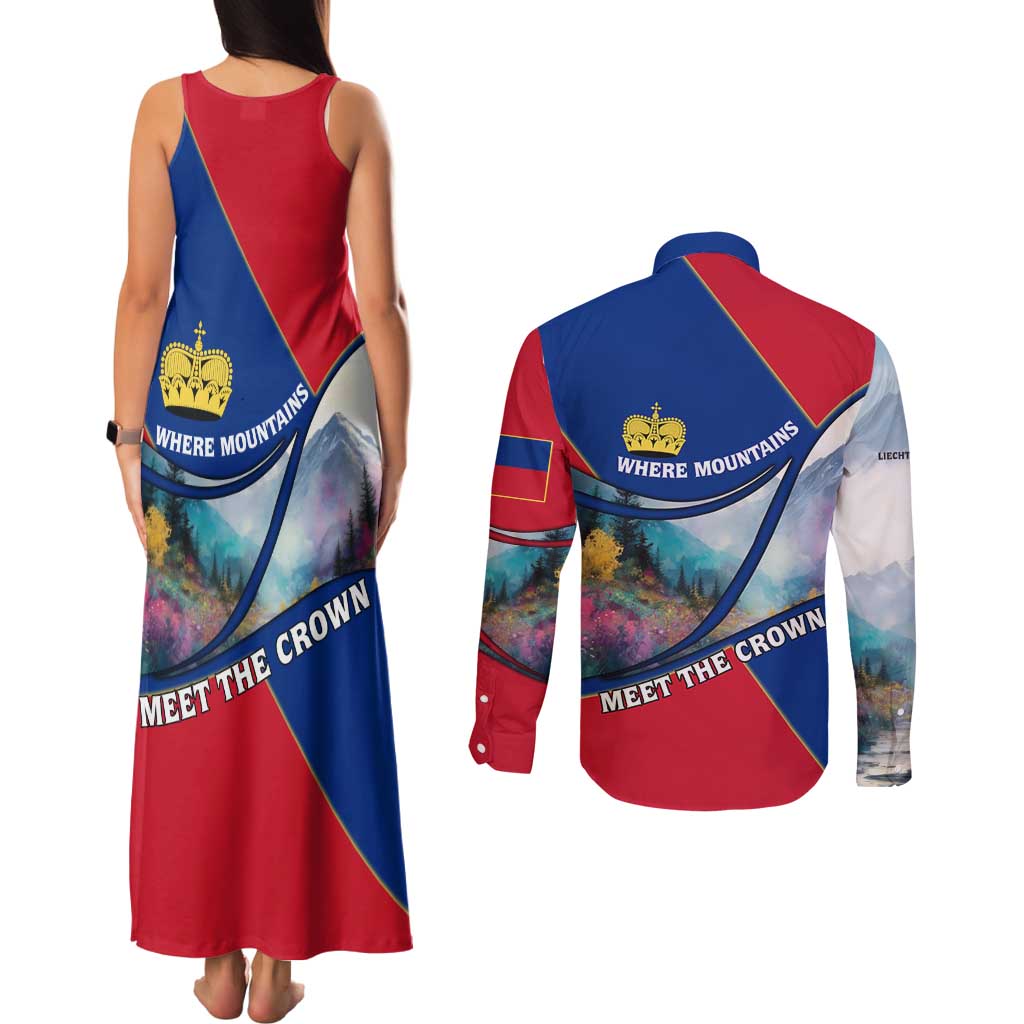 Liechtenstein Couples Matching Tank Maxi Dress and Long Sleeve Button Shirt with Red Blue Mountain Landscape Design and Crown Emblem - Wonder Print Shop