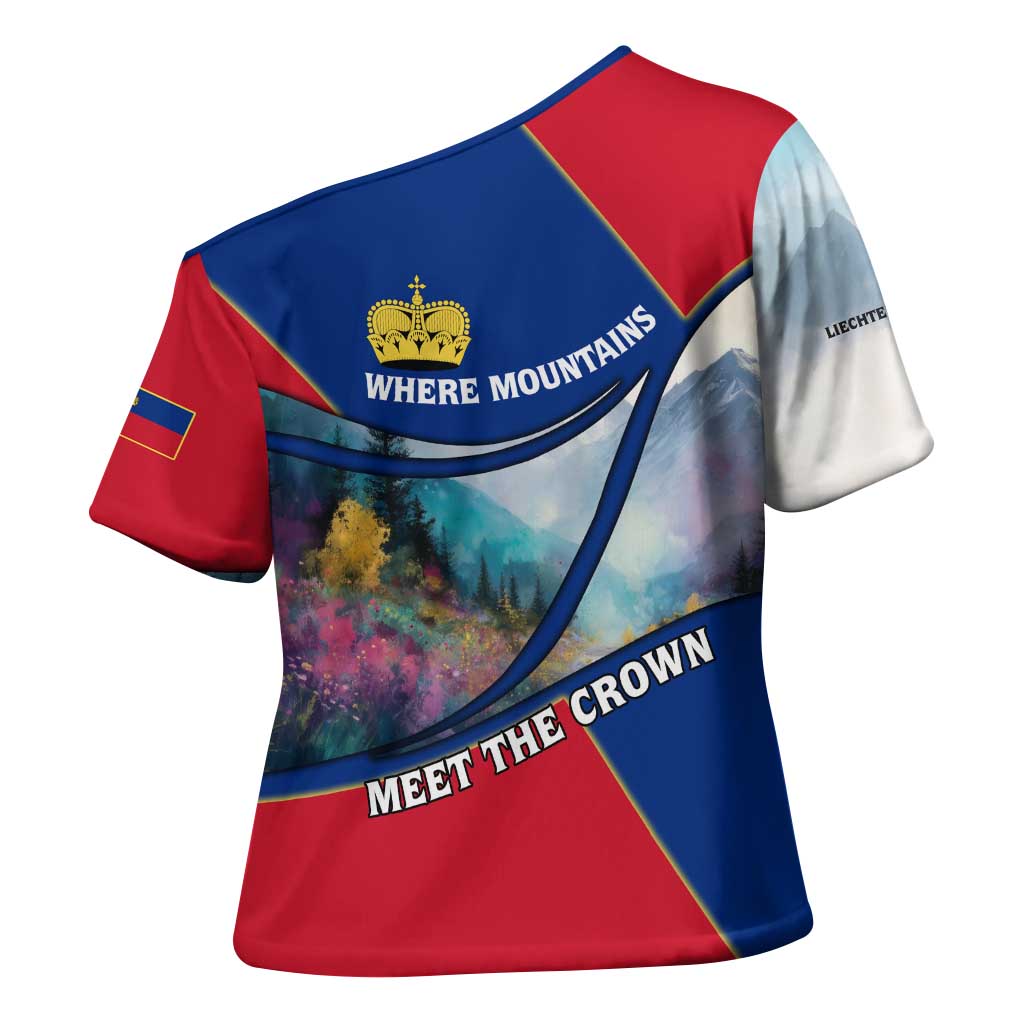 Liechtenstein Cross Shoulder Shirt with Red Blue Mountain Landscape Design and Crown Emblem - Wonder Print Shop
