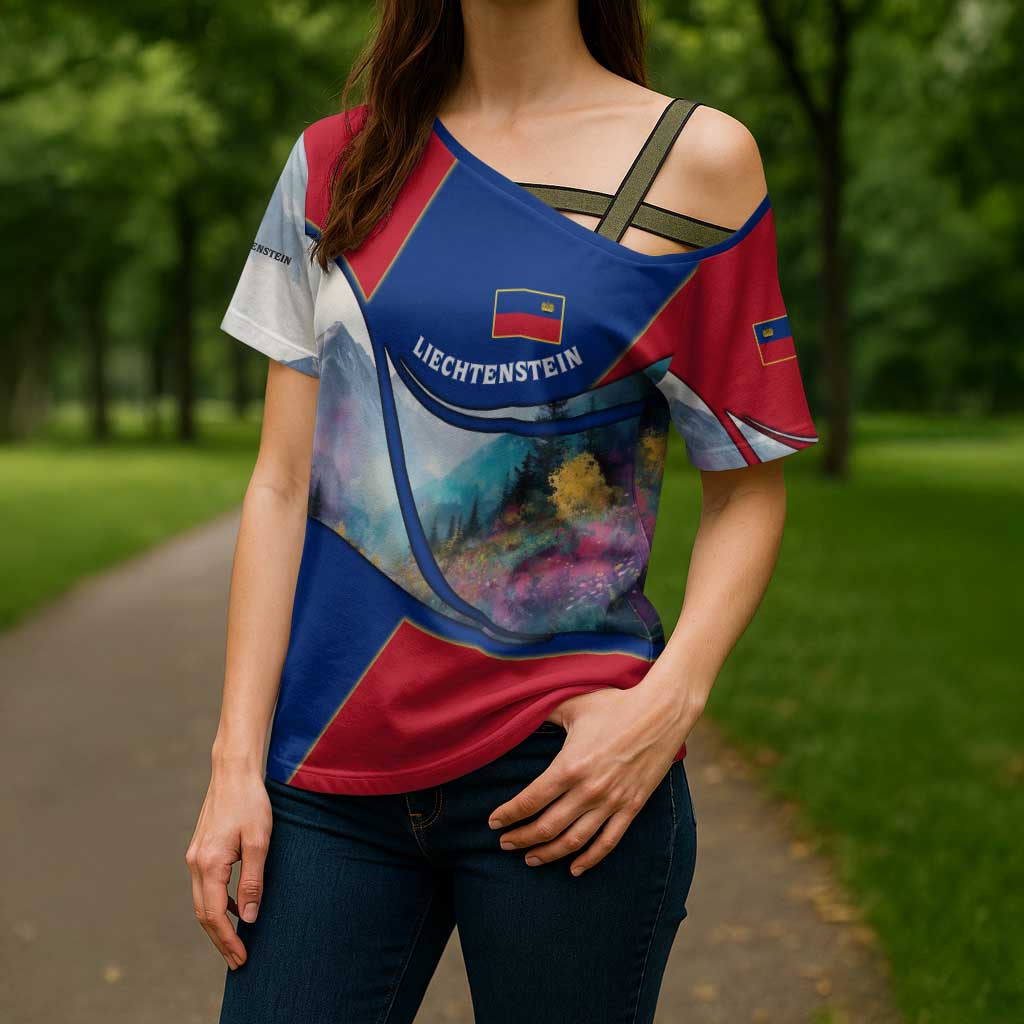 Liechtenstein Cross Shoulder Shirt with Red Blue Mountain Landscape Design and Crown Emblem - Wonder Print Shop