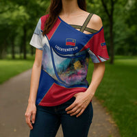 Liechtenstein Cross Shoulder Shirt with Red Blue Mountain Landscape Design and Crown Emblem - Wonder Print Shop