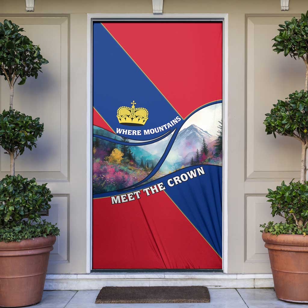 Liechtenstein Door Cover with Red Blue Mountain Landscape Design and Crown Emblem - Wonder Print Shop