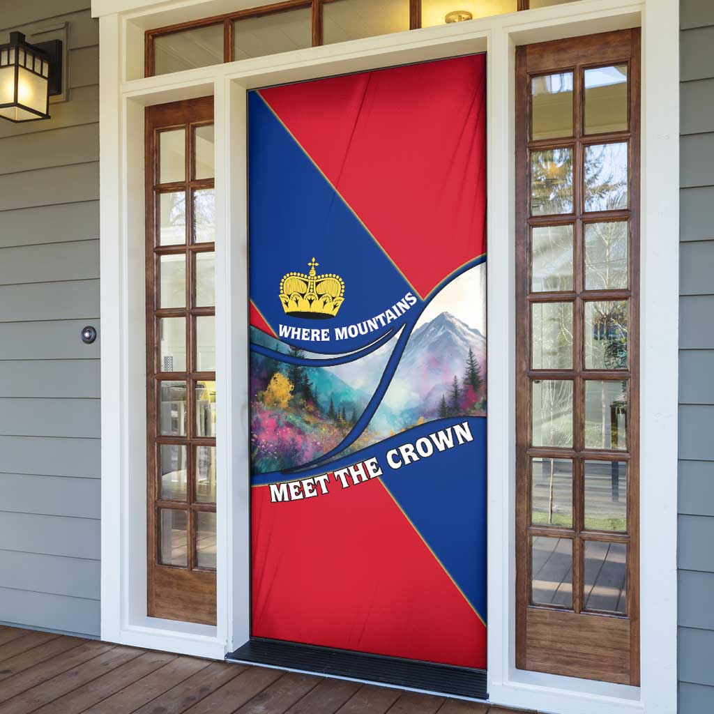 Liechtenstein Door Cover with Red Blue Mountain Landscape Design and Crown Emblem - Wonder Print Shop