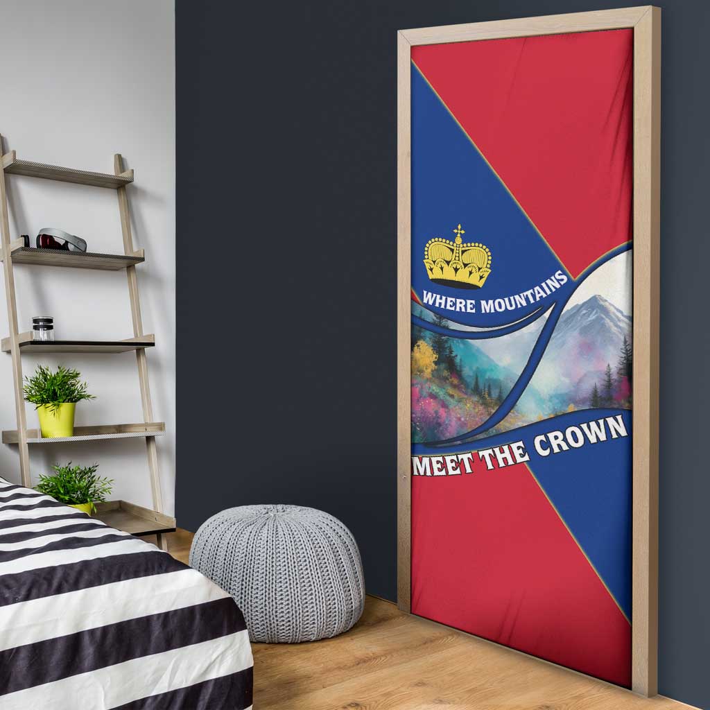 Liechtenstein Door Cover with Red Blue Mountain Landscape Design and Crown Emblem - Wonder Print Shop
