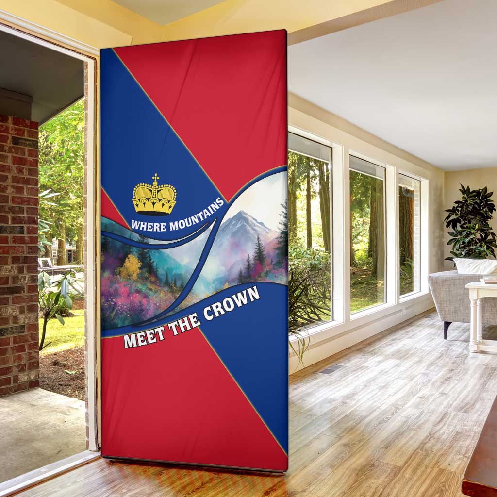 Liechtenstein Door Cover with Red Blue Mountain Landscape Design and Crown Emblem - Wonder Print Shop