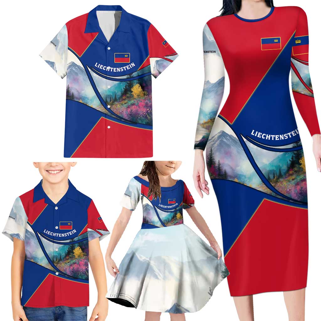 Liechtenstein Family Matching Long Sleeve Bodycon Dress and Hawaiian Shirt with Red Blue Mountain Landscape Design and Crown Emblem - Wonder Print Shop