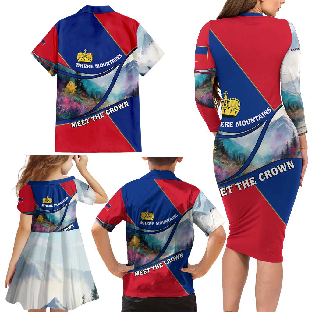 Liechtenstein Family Matching Long Sleeve Bodycon Dress and Hawaiian Shirt with Red Blue Mountain Landscape Design and Crown Emblem - Wonder Print Shop