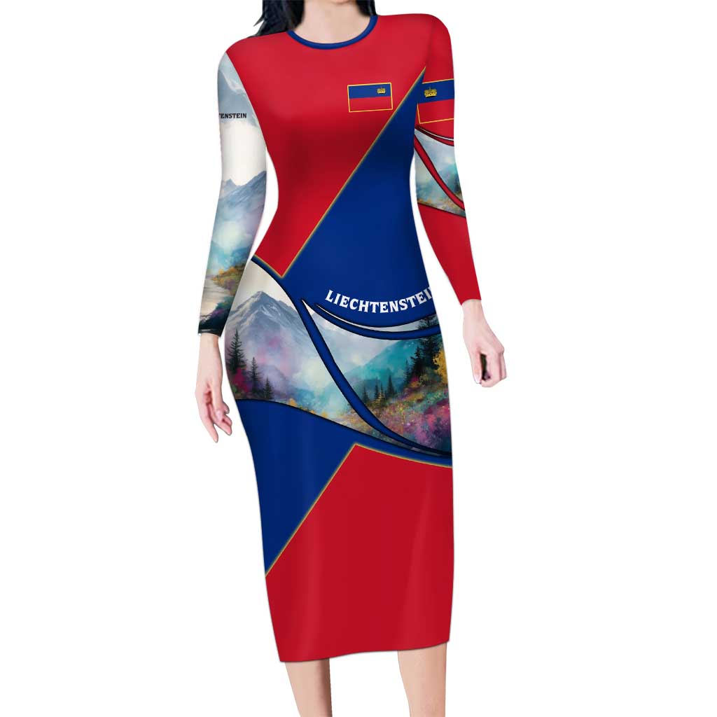 Liechtenstein Family Matching Long Sleeve Bodycon Dress and Hawaiian Shirt with Red Blue Mountain Landscape Design and Crown Emblem - Wonder Print Shop